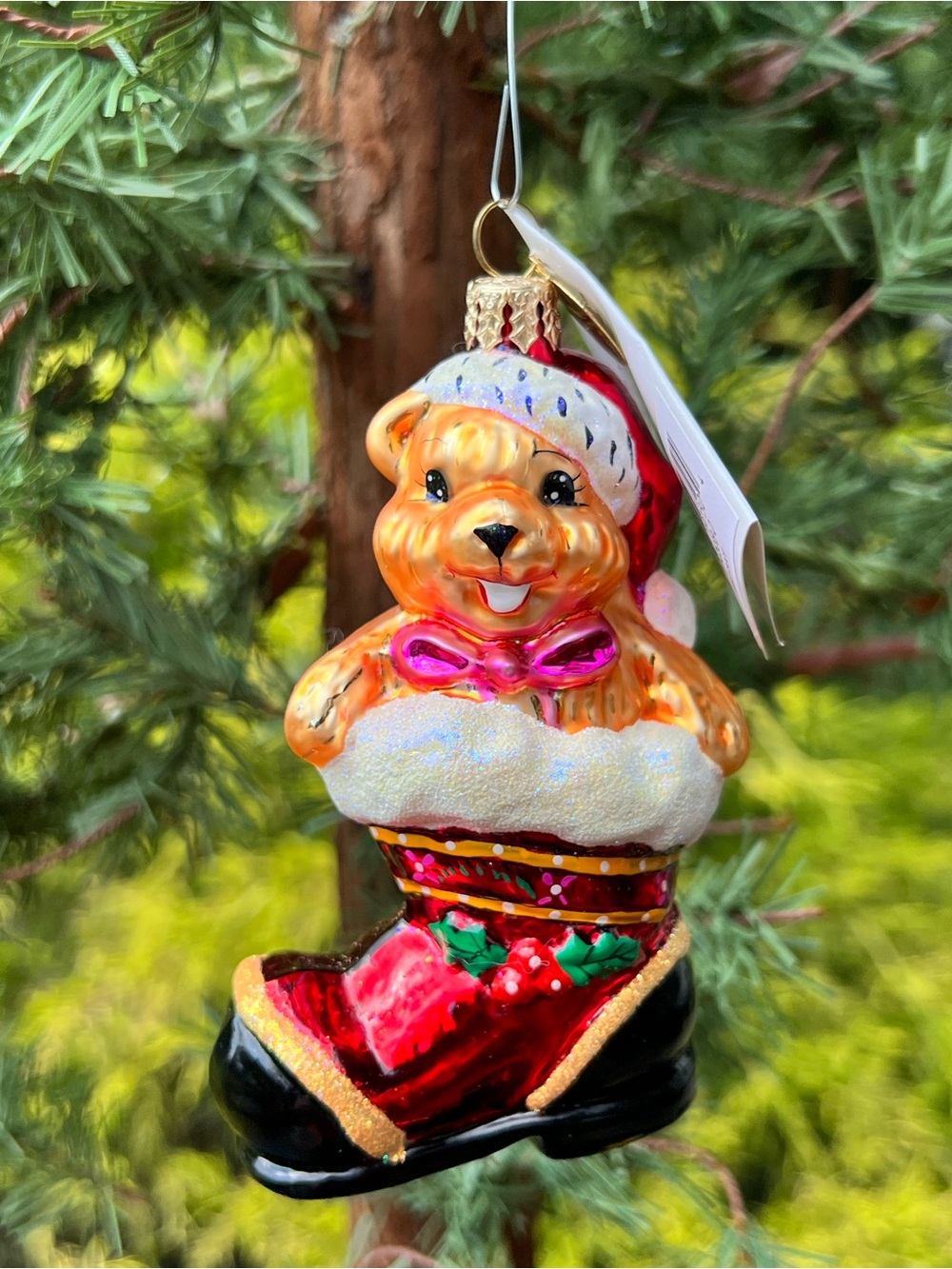 NWT Vintage 2001 Christopher Radko Teddy Boot Glass Christmas Ornament